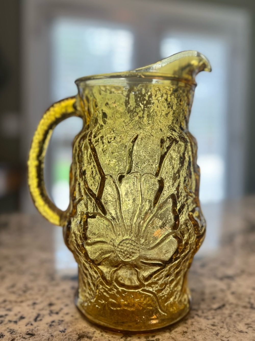 Anchor Hocking USA Yellow Glass Vintage Floral Pitcher